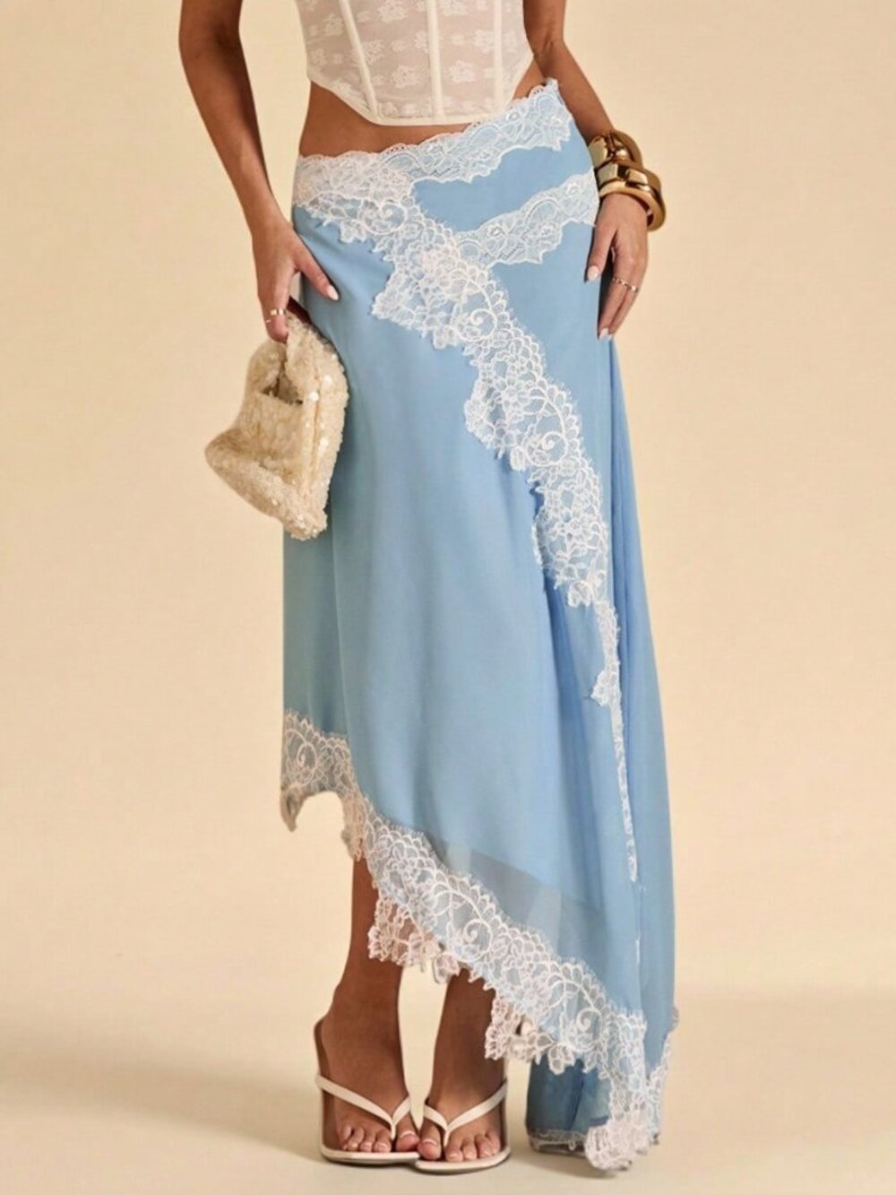 Baby Blue Elegant Women's Lace Trim Chiffon Skirt - Picture 3 of 8